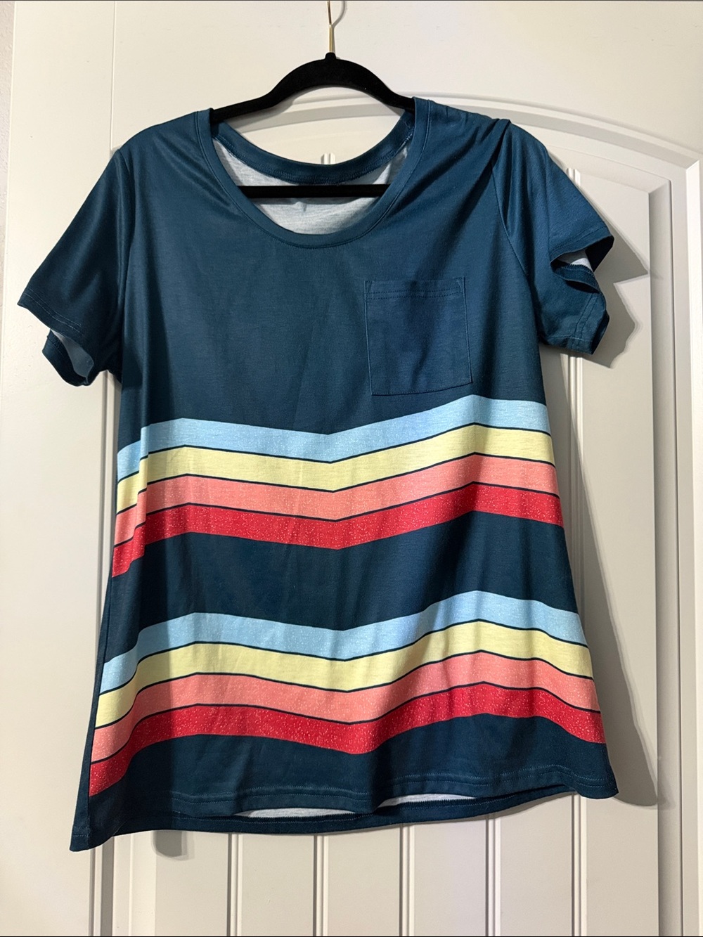 Women's Teal Short-Sleeve Pocket Tee with Multicolor Stripes